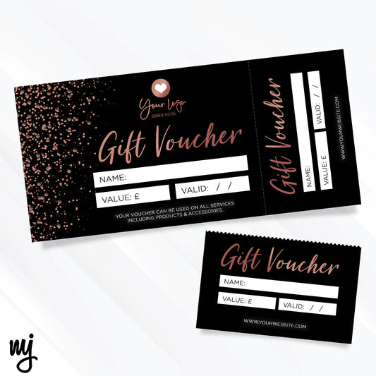 Custom Printed Gift Vouchers | Perforated | Black Rose Gold Glitter Style Design