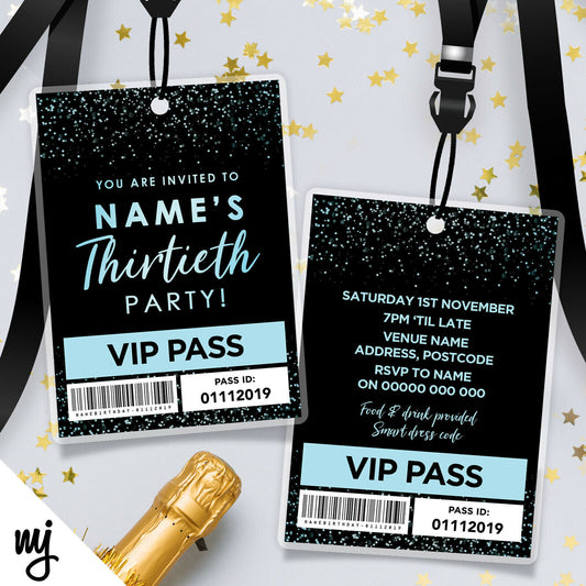 30th Birthday Vip Passes & Lanyards | Blue White Glitter