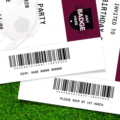 Personalised Maroon Football Ticket Style Invitations | Kids/adults