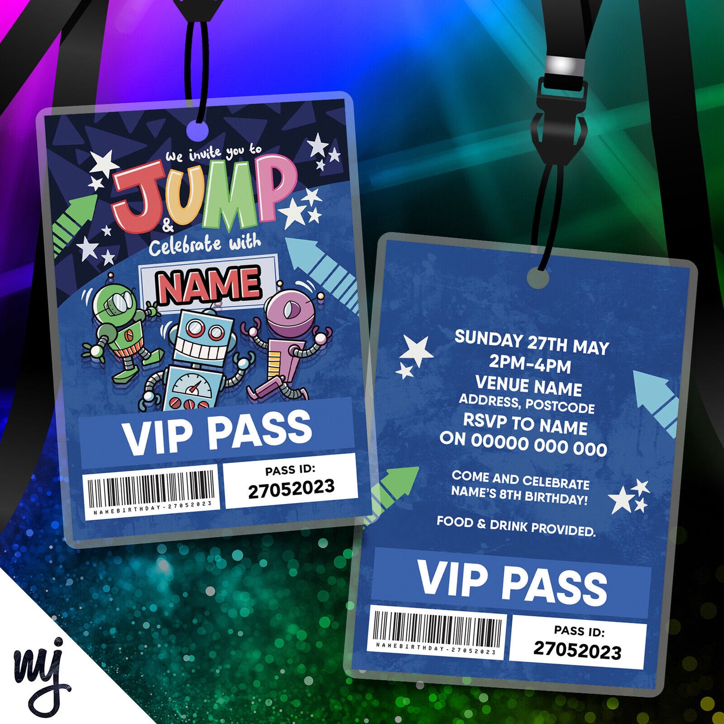 Personalised Bounce Jump Trampoline Party Vip Passes Lanyards / Invitations