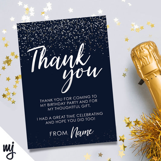 Personalised Party Thank You Cards | Navy White Glitter | Any Message!