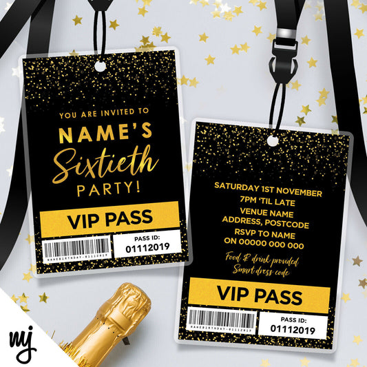 60th Birthday Vip Passes & Lanyards | Black Gold Glitter