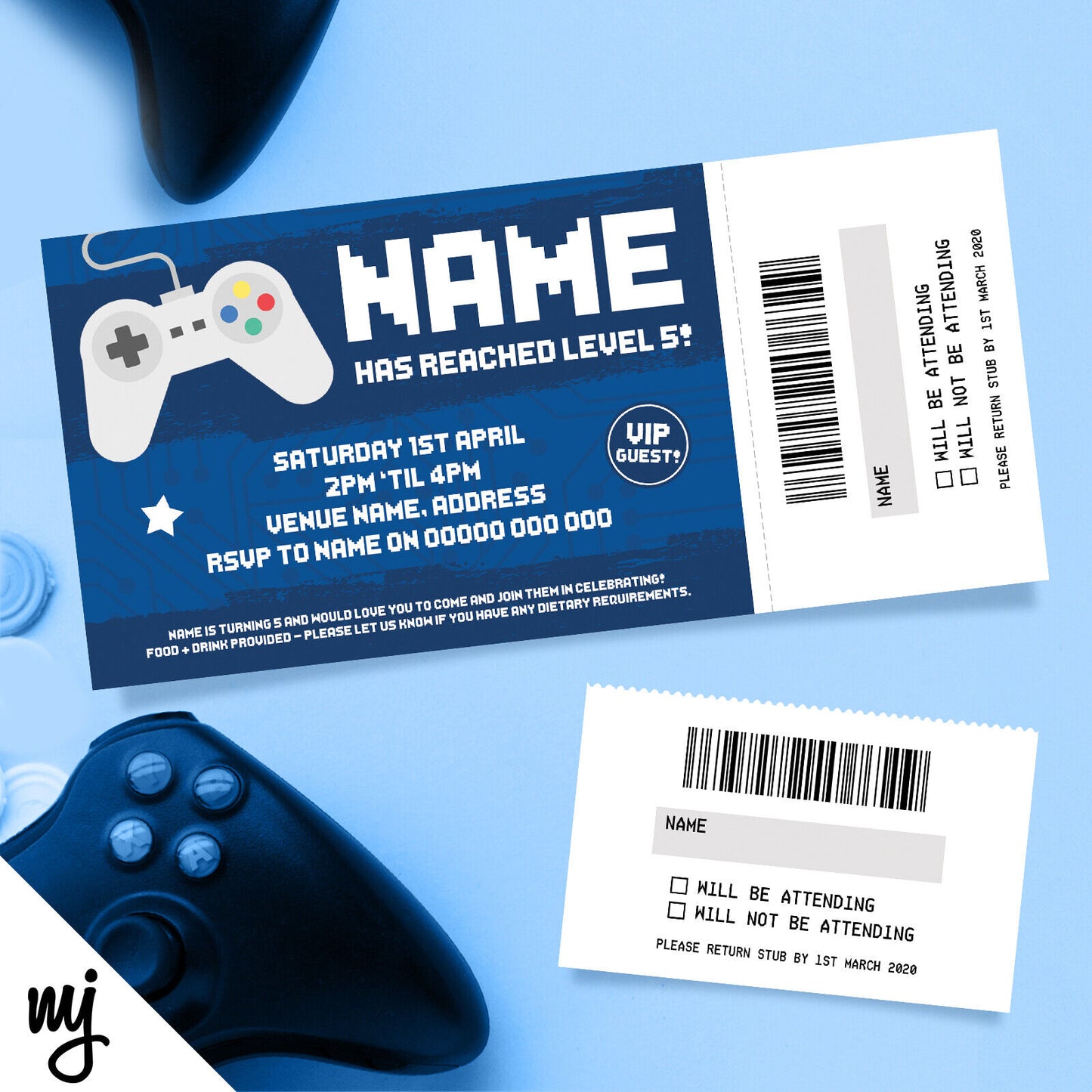 Personalised Gaming Controller Ticket Invitations | Perforated Stub! | Blue