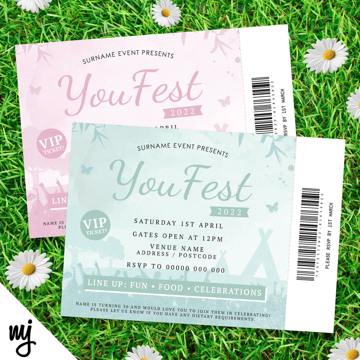 Personalised Boho / Chic Festival Vip Ticket Style Birthday Party Invitations