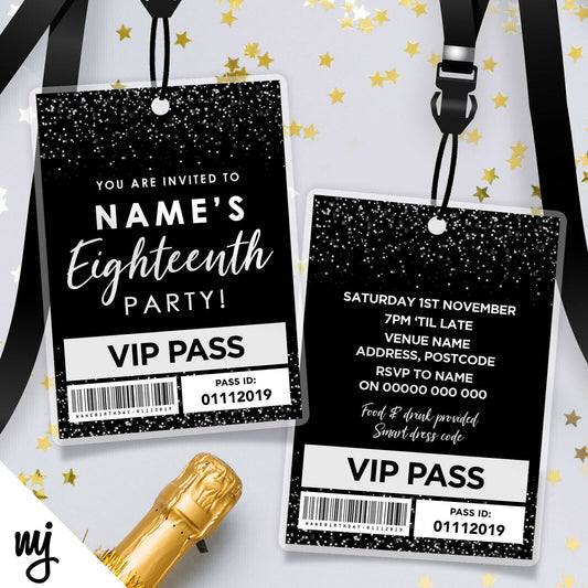 18th Birthday Vip Passes & Lanyards | Black White Glitter