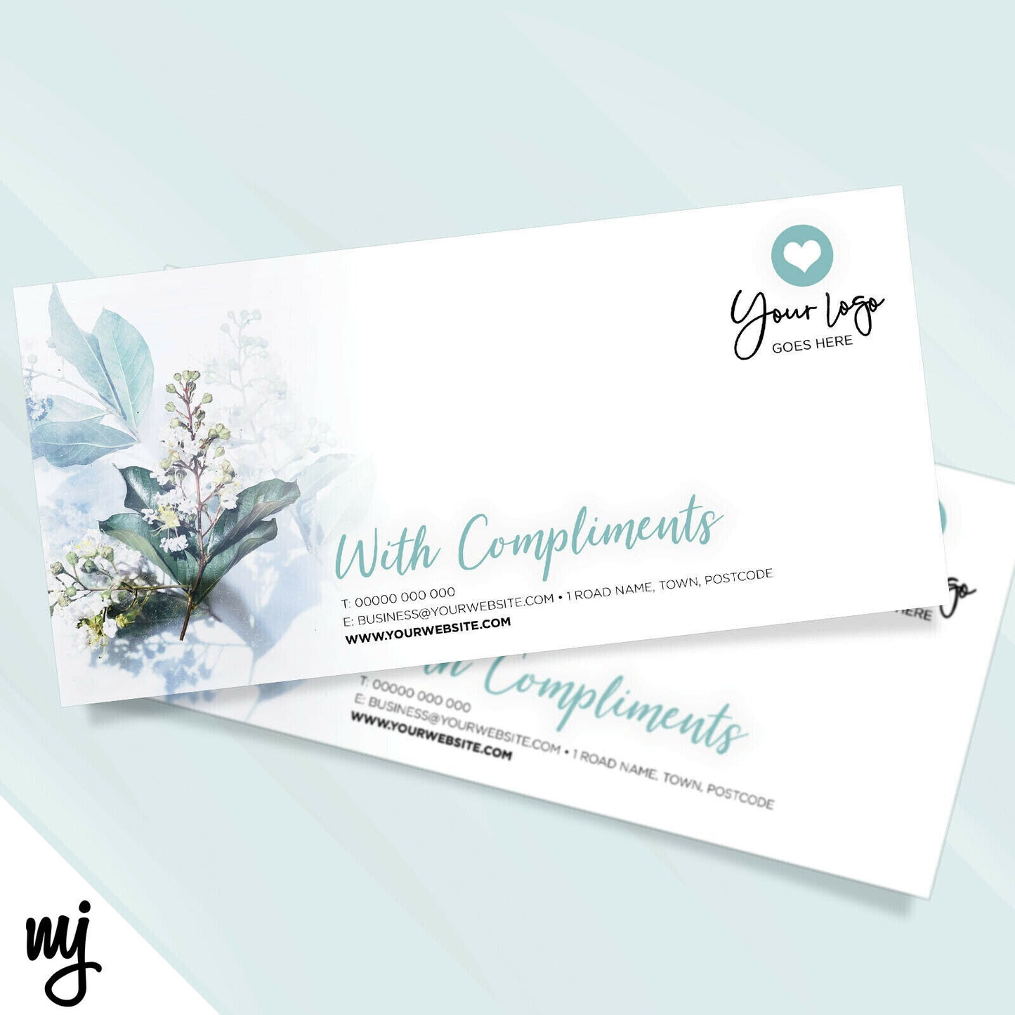 Custom Compliment Slip Printing | Floral Teal Feminine Generic Flower Design 03