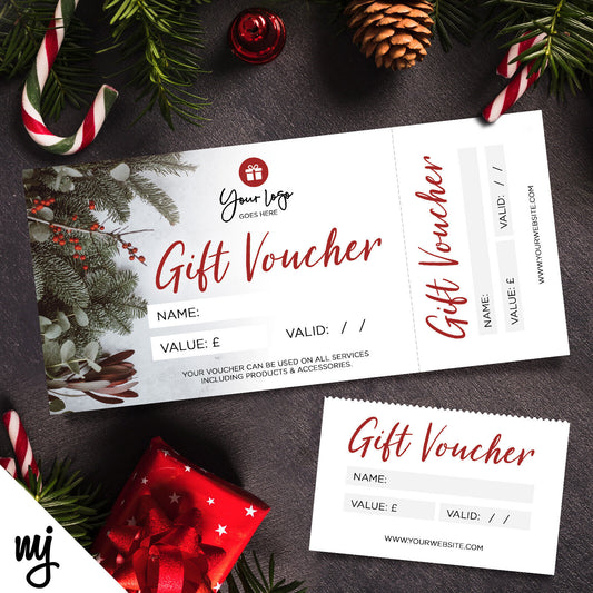 Custom Printed Gift Vouchers | Perforated | Christmas Holidays Holly Pine Red 01