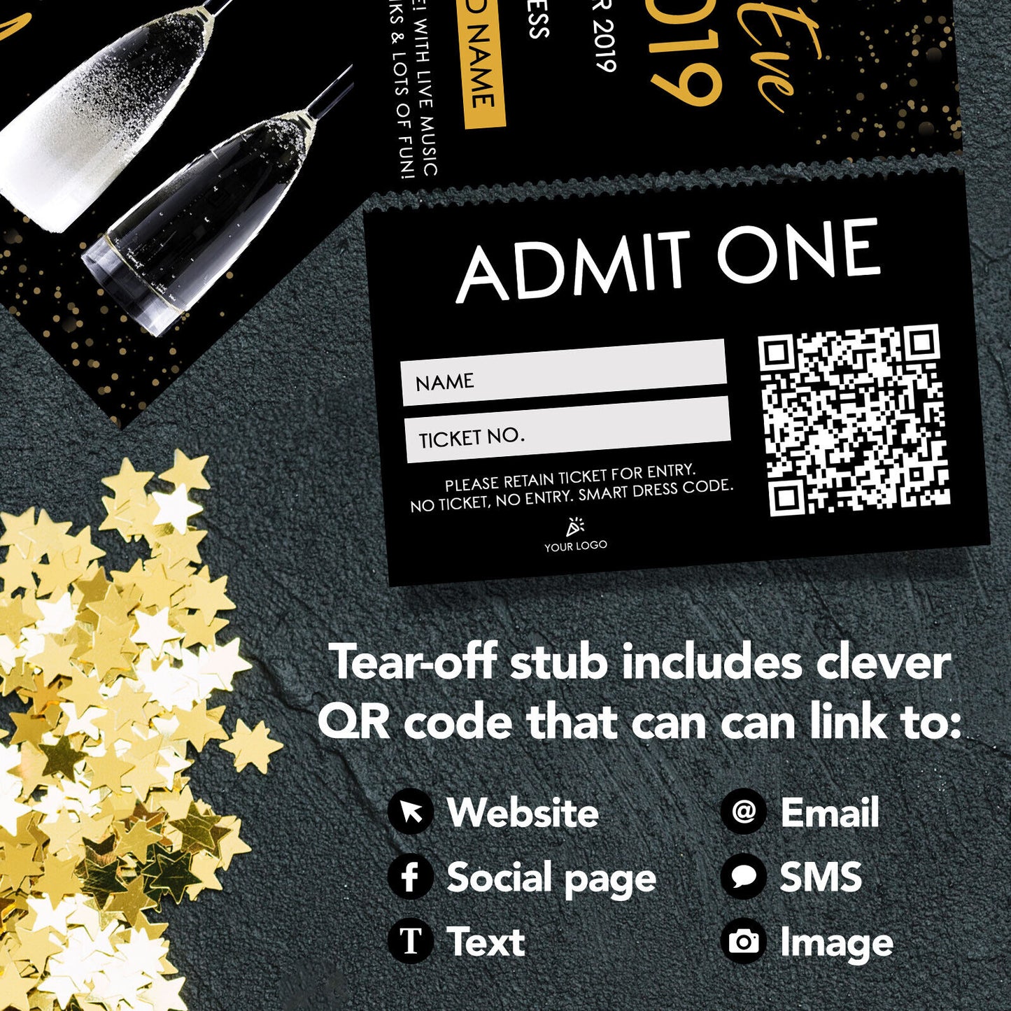 Custom New Year's Eve Party Ticket Printing | Perforated Stubs | Any Event! Gold