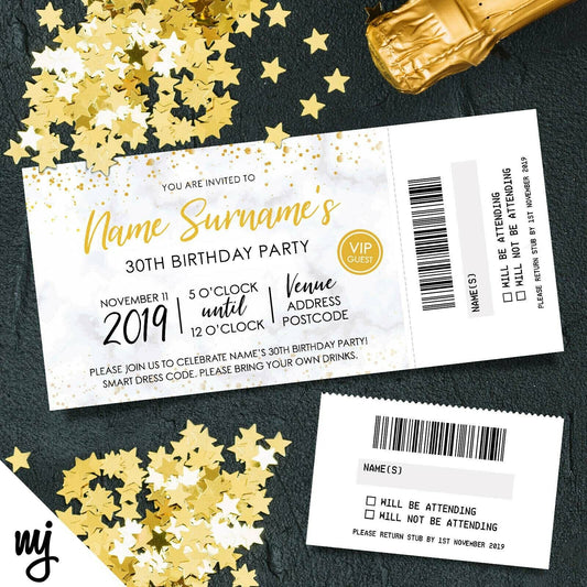 Personalised 30th Birthday Party Tickets Invitations | Perforated | Marble Gold