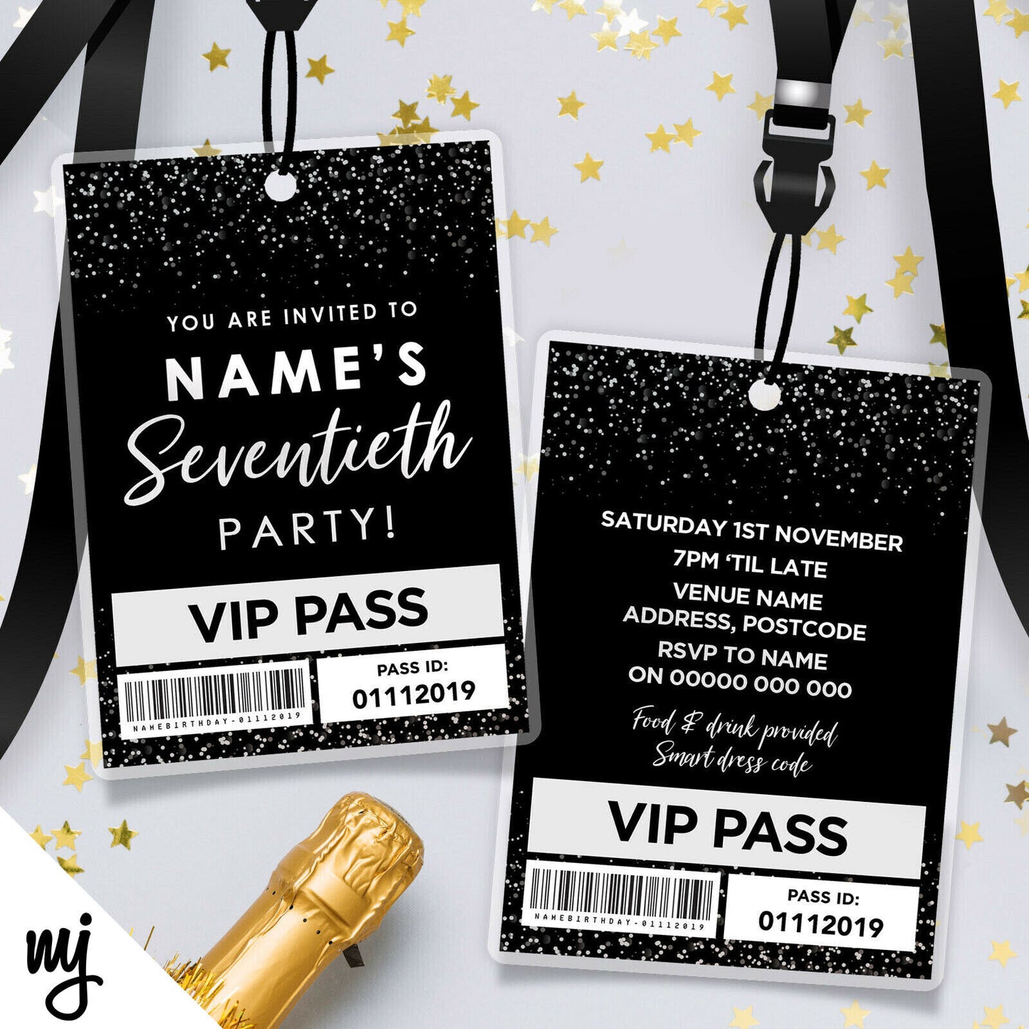 70th Birthday Vip Passes & Lanyards | Black White Glitter