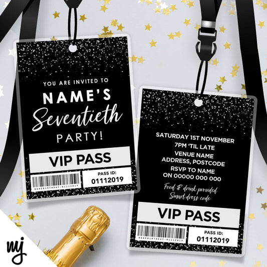 70th Birthday Vip Passes & Lanyards | Black White Glitter