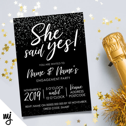 Personalised 'she Said Yes' Engagement Party Invitations | Black & White