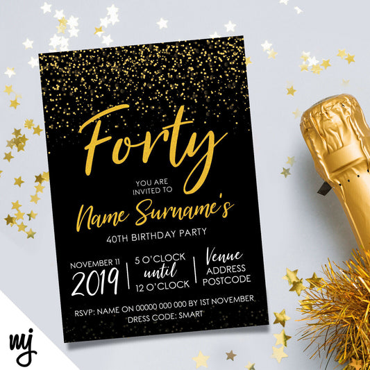 Personalised 40th Birthday Party Invitations | Black Gold Glitter Style