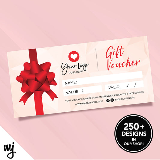 CUSTOM PRINTED BUSINESS GIFT VOUCHERS | RED GLITTER GENERIC BOW PRESENT 01