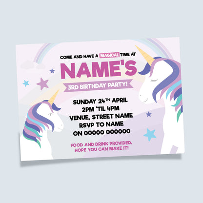 Personalised Unicorn Cute Magical Princess Party Invitations + Thank You Cards