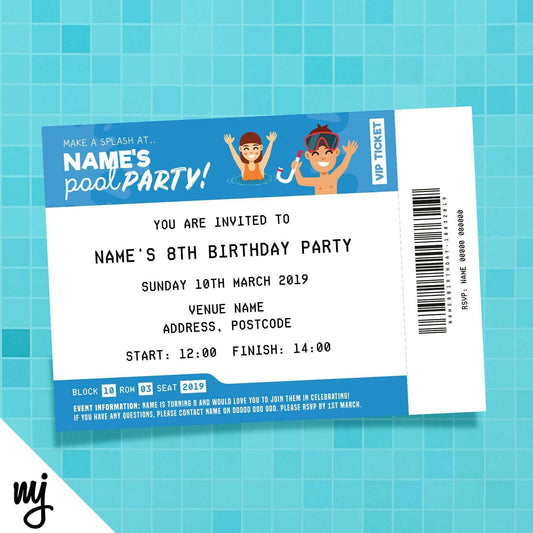 Personalised Pool Swimming Party Ticket Style Invitations | Girls/boys