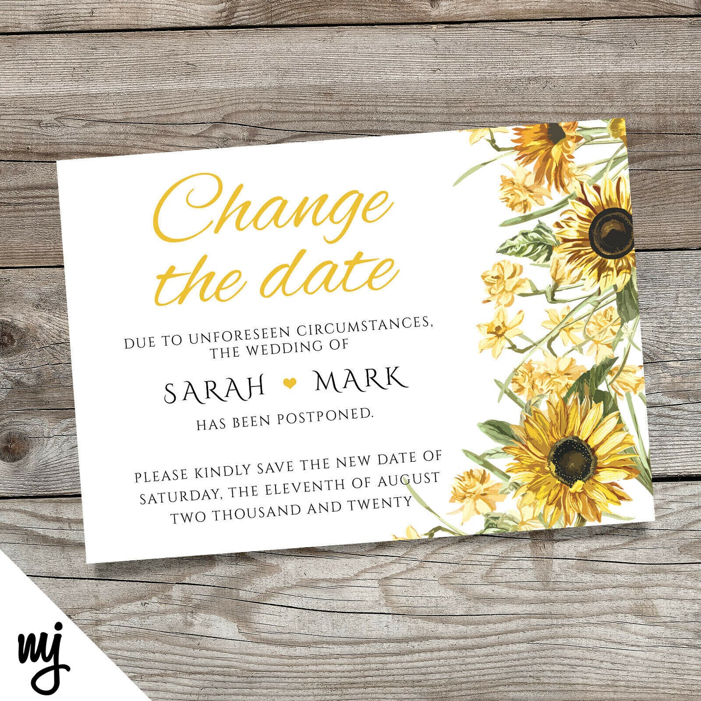 Personalised Wedding Change The Date Postponed Cards | Yellow Summer Sunflower 9