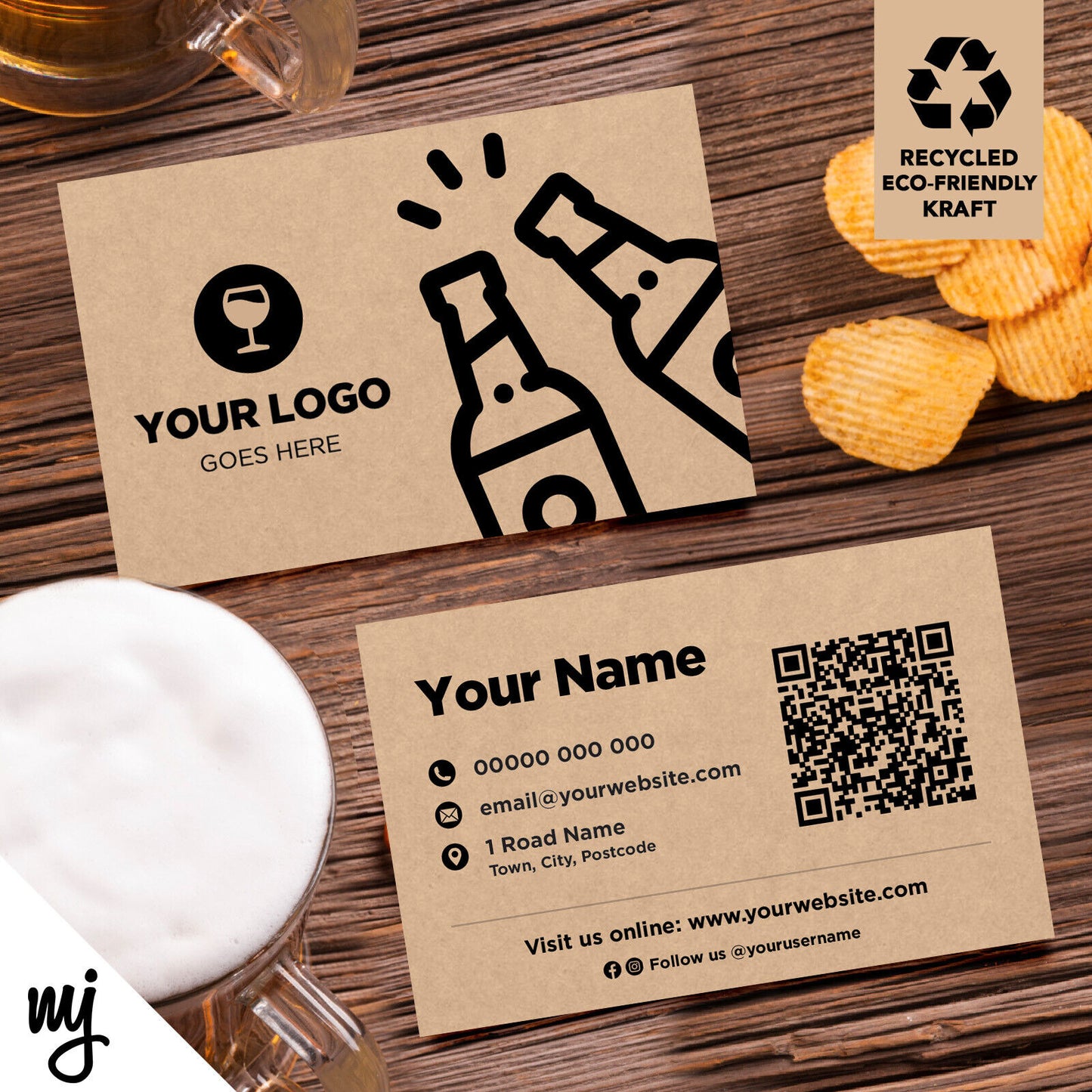 Kraft Business Cards Eco Recyclable | Bar Restaurant Pub Beer Wine Snacks 01