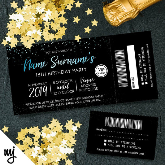 Personalised 18th Birthday Party Tickets Invitations | Perforated | Blue Black