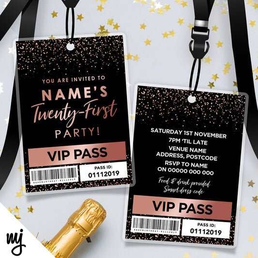 21st Birthday Vip Passes & Lanyards | Black Rose Gold Glitter