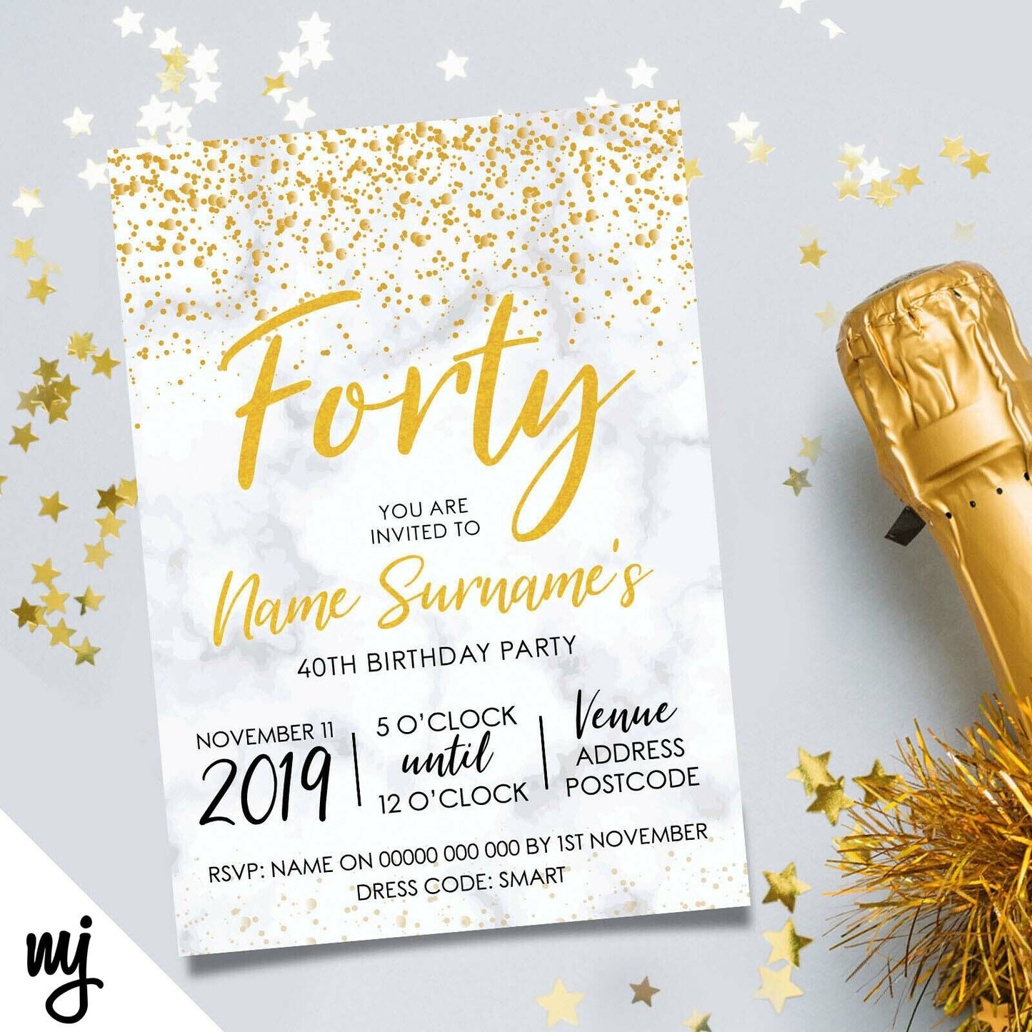 Personalised 40th Birthday Party Invitations | Marble Gold Glitter Style