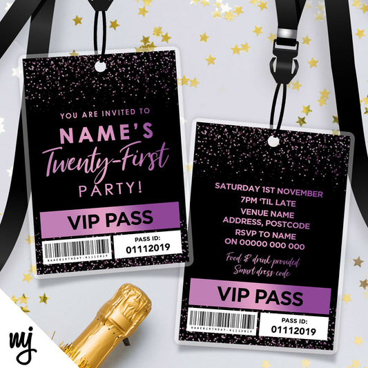 21st Birthday Vip Passes & Lanyards | Black Purple Glitter