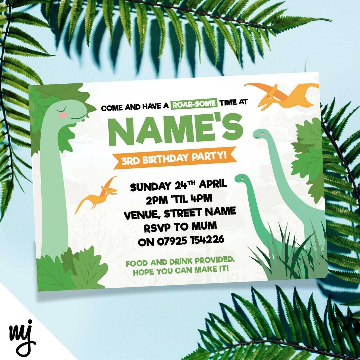 Personalised Dinosaur Dino Kids Party Invitations & Thank You Cards | Boys/girls