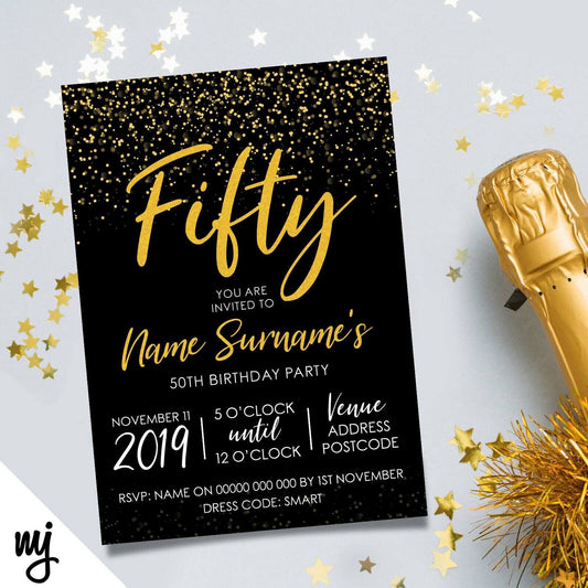 Personalised 50th Birthday Party Invitations | Black Gold Glitter Style