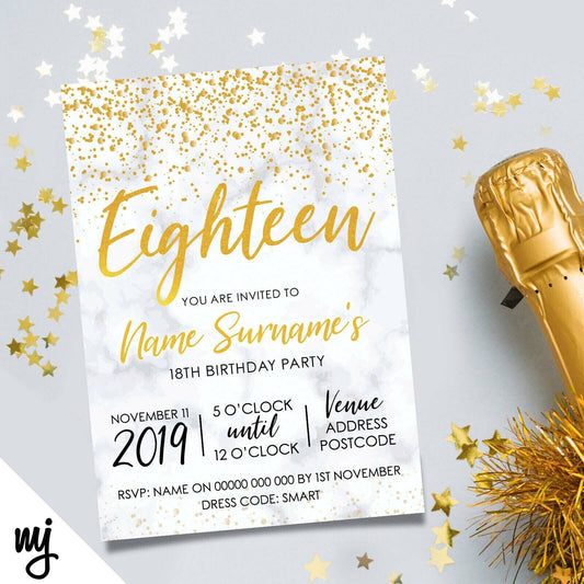 Personalised 18th Birthday Party Invitations | Marble Gold Glitter Style