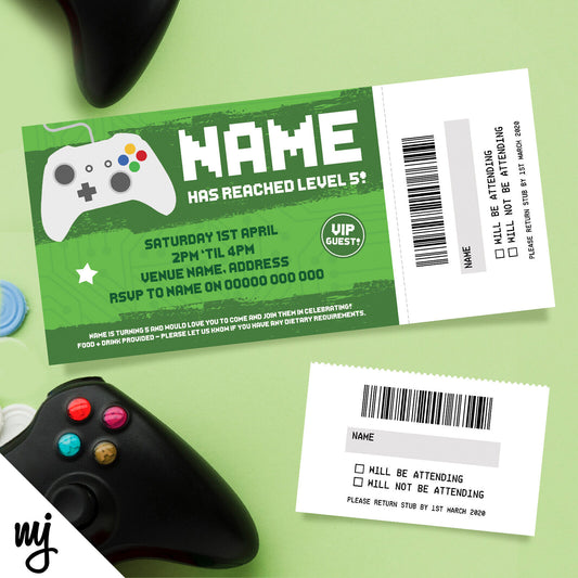 Personalised Gaming Controller Ticket Invitations | Perforated Stub! | Green