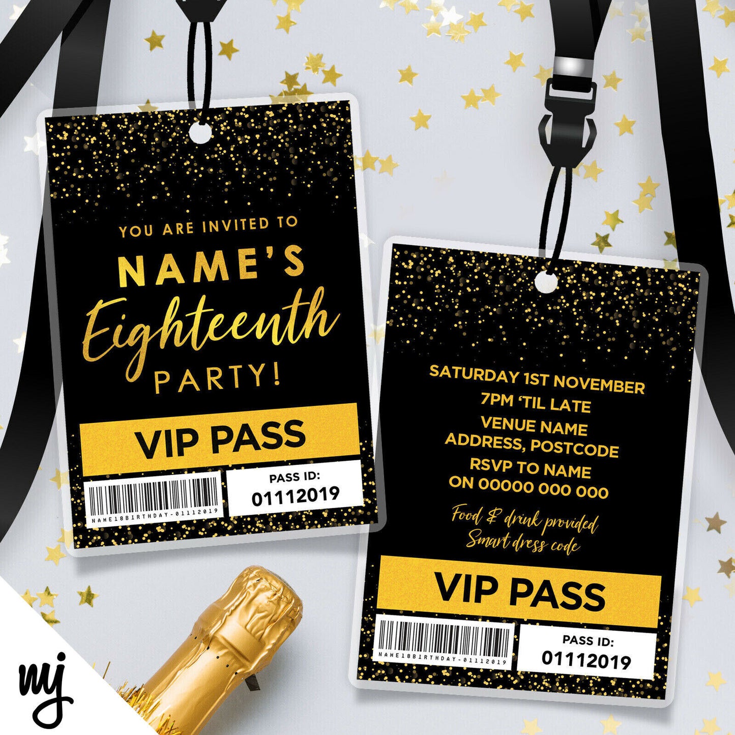 18th Birthday Vip Passes & Lanyards | Black Gold Glitter