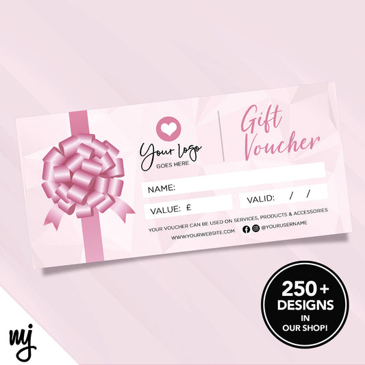 Custom Printed Business Gift Vouchers | Pink Glitter Generic Bow Present 01