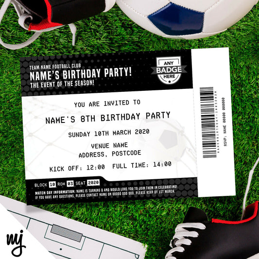 Personalised Black & White Football Ticket Style Invitations | Kids/adults