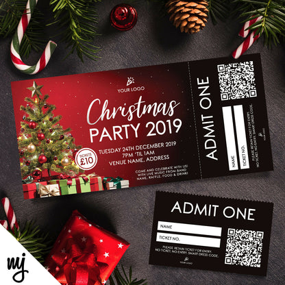 Custom Christmas Party Event Ticket Printing | Perforated Stubs | Red Black Tree