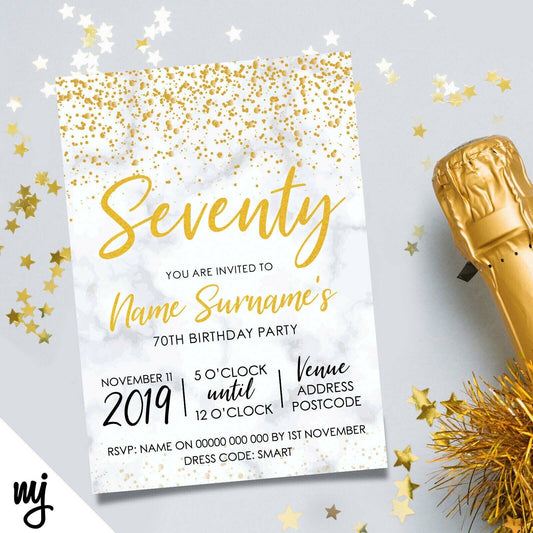 Personalised 70th Birthday Party Invitations | Marble Gold Glitter Style