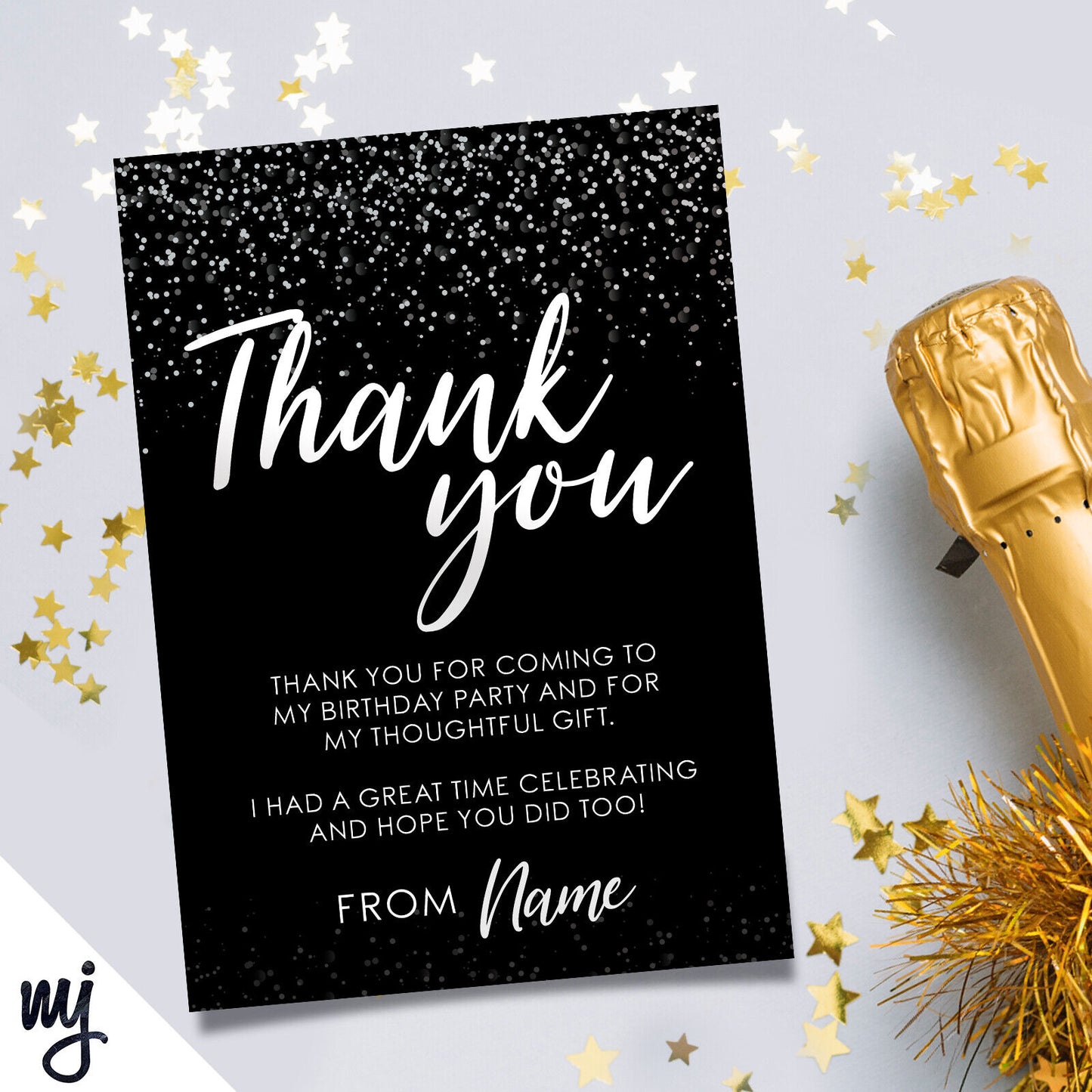 Personalised Party Thank You Cards | Black White Glitter | Any Message!