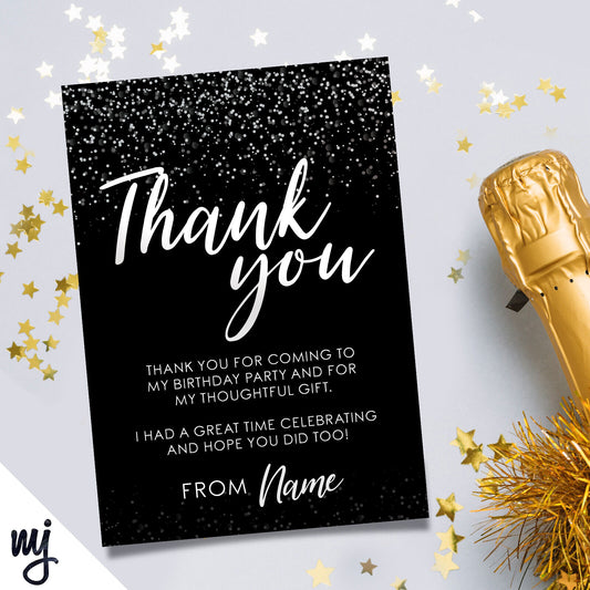 Personalised Party Thank You Cards | Black White Glitter | Any Message!