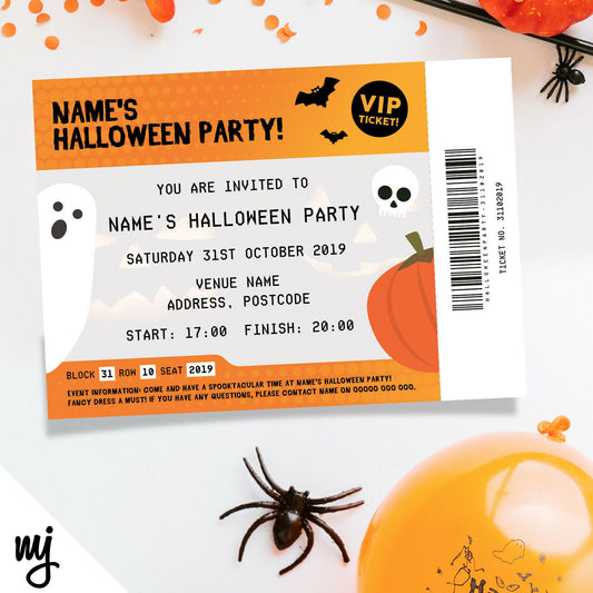 Personalised Halloween Vip Ticket Style Invitations | Ghost Pumpkin Orange Theme