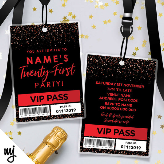 21st Birthday Vip Passes & Lanyards | Black Red Glitter