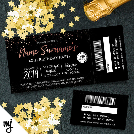 Personalised 40th Birthday Party Tickets Invitations | Perforated | Rose Gold