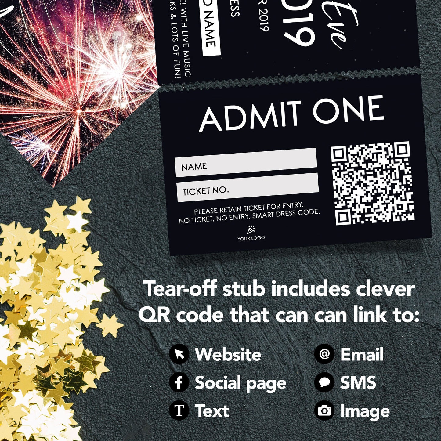 Custom New Year's Eve Party Ticket Printing | Perforated Stubs | Fireworks Party