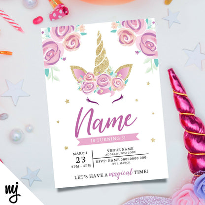 Personalised Unicorn Cute Flowers Style Party Invitations + Thank You Cards