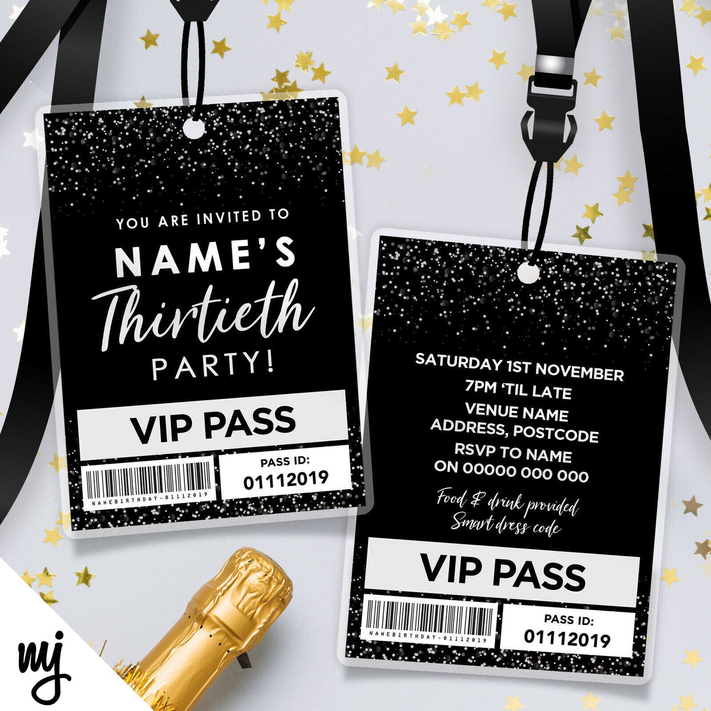 30th Birthday Vip Passes & Lanyards | Black White Glitter