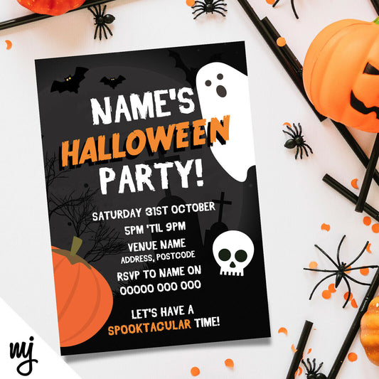 Personalised Halloween Party Invitations | Ghost Pumpkin Bats Skull Spooky Scary