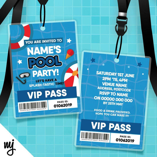 Personalised Pool Party Swimming Style Vip Passes Lanyards / Invitations