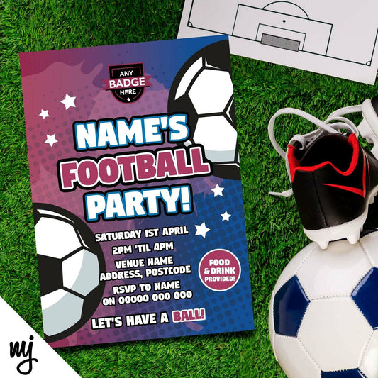 Personalised Maroon & Blue Football Team Style Party Invitations | Any Colours!