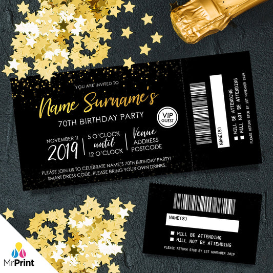 Personalised 70th Birthday Party Tickets Invitations | Perforated | Gold Glitter