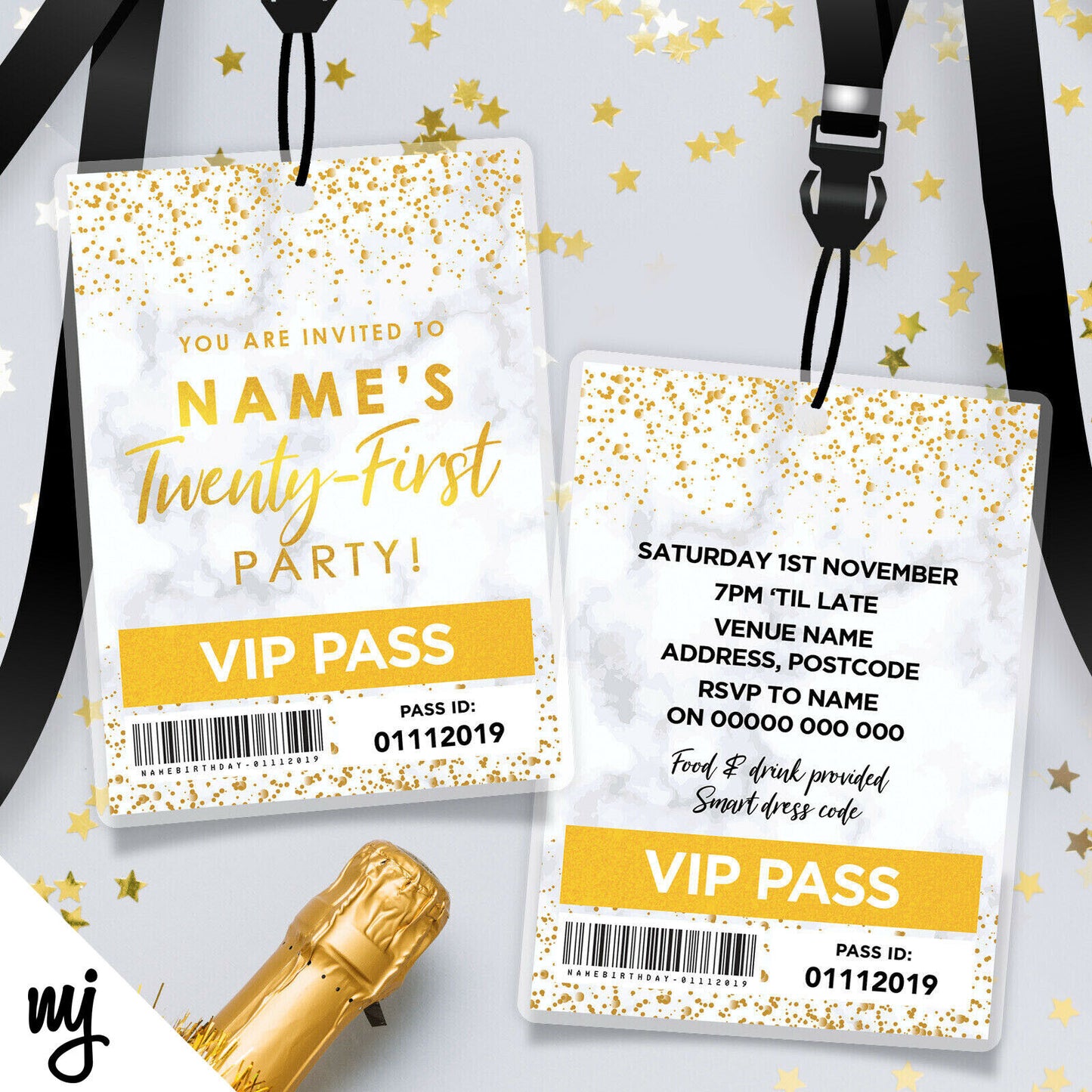 21st Birthday Vip Passes & Lanyards | Marble Gold Glitter