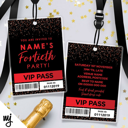 40th Birthday Vip Passes & Lanyards | Black Red Glitter