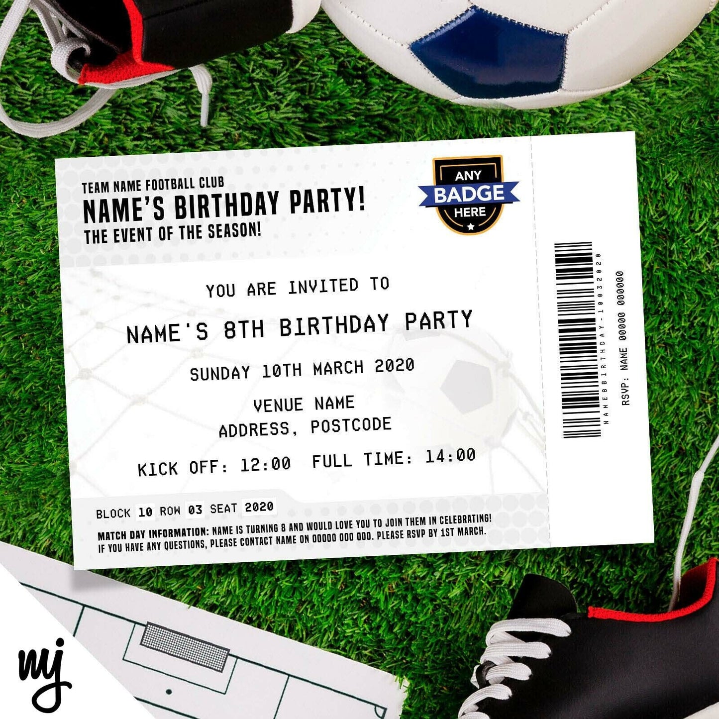 Personalised White Football Ticket Style Invitations | Kids/adults